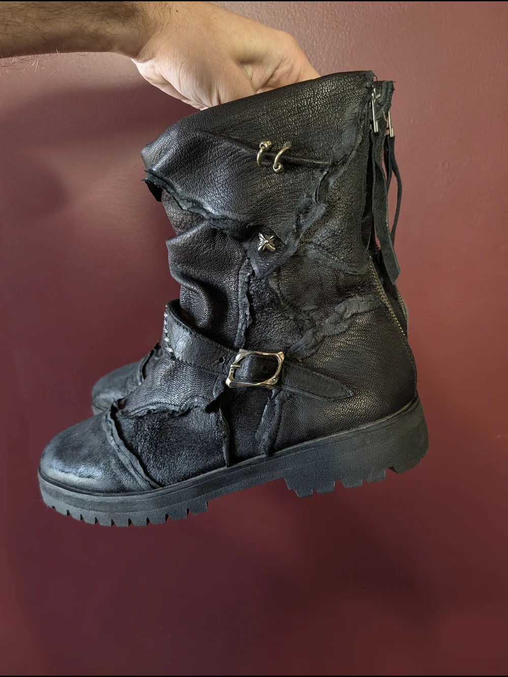 14TH ADDICTION Elvis Punk Black Blistered Leather Biker Combat Boots Sz10